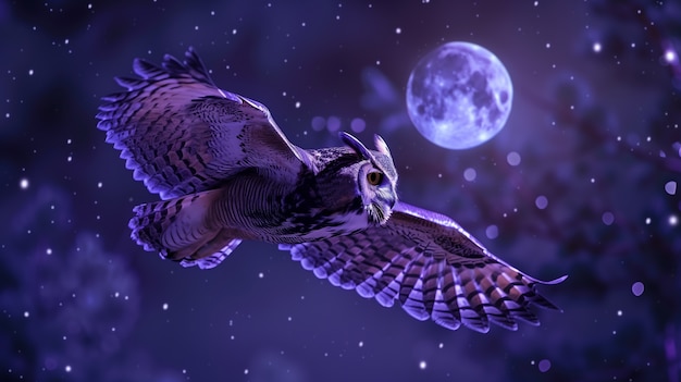 Photorealistic view of owl bird at night