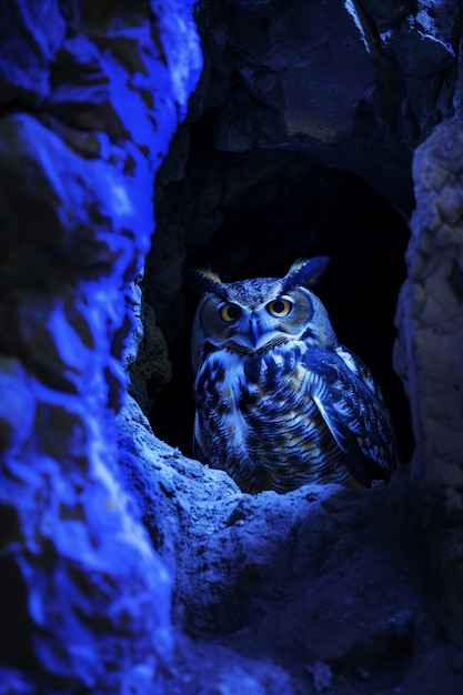 Photorealistic view of owl bird at night