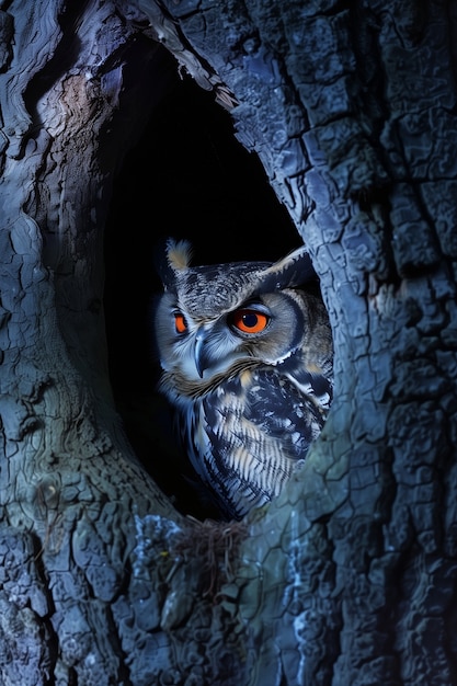 Photorealistic view of owl bird at night