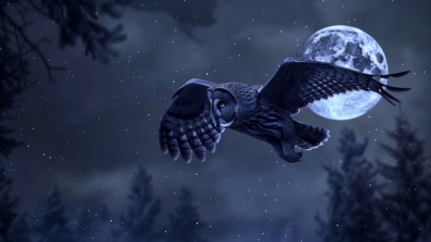 Photorealistic view of owl bird at night