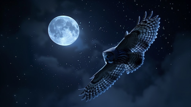 Photorealistic view of owl bird at night