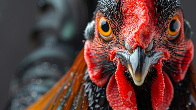 Photorealistic view of rooster with beak and feathers