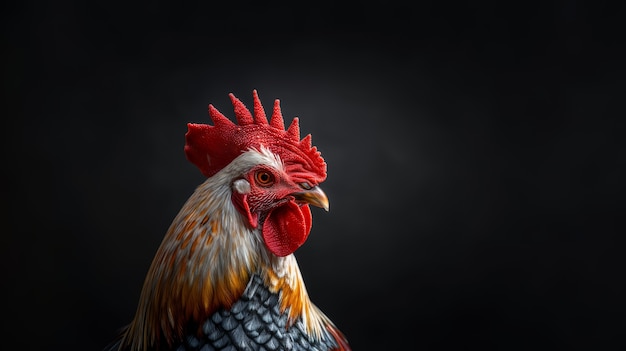 Photorealistic view of rooster with beak and feathers