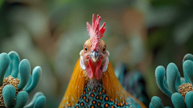 Photorealistic view of rooster with beak and feathers