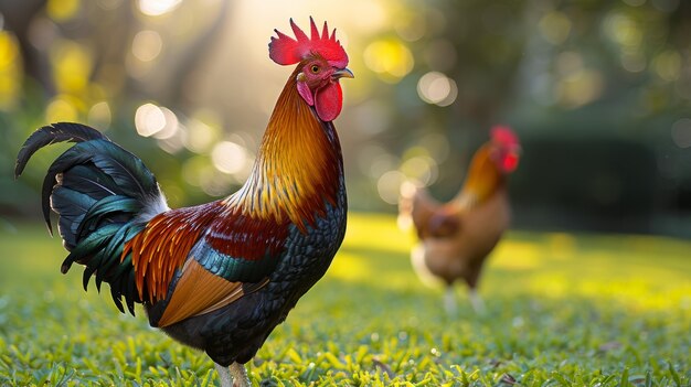 Photorealistic view of rooster with beak and feathers