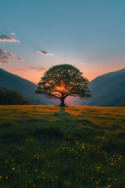 Photorealistic view of tree in nature with branches and trunk