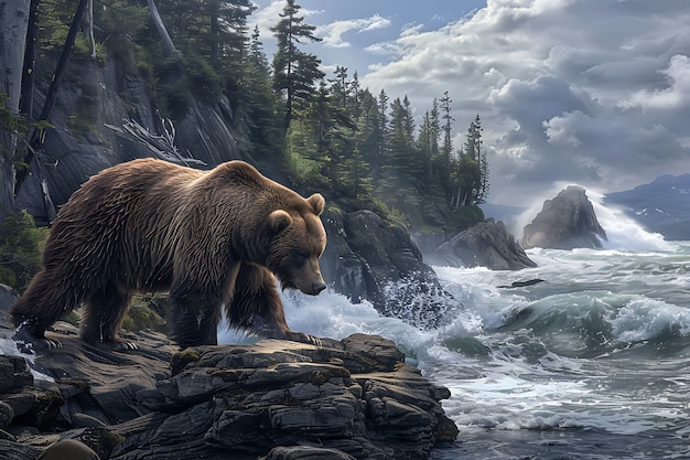 Photorealistic view of wild bear in its natural environment