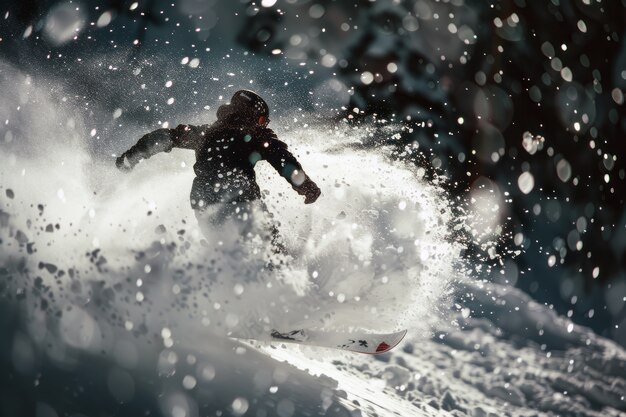 Photorealistic wintertime scene with people snowboarding