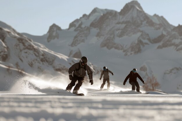 Photorealistic wintertime scene with people snowboarding