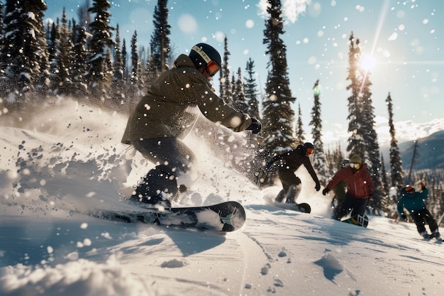 Free photo photorealistic wintertime scene with people snowboarding