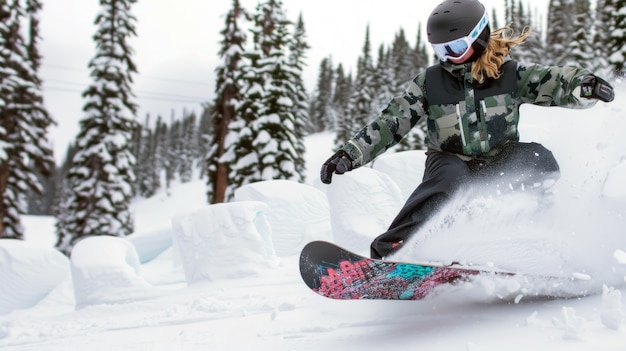 Photorealistic wintertime scene with people snowboarding