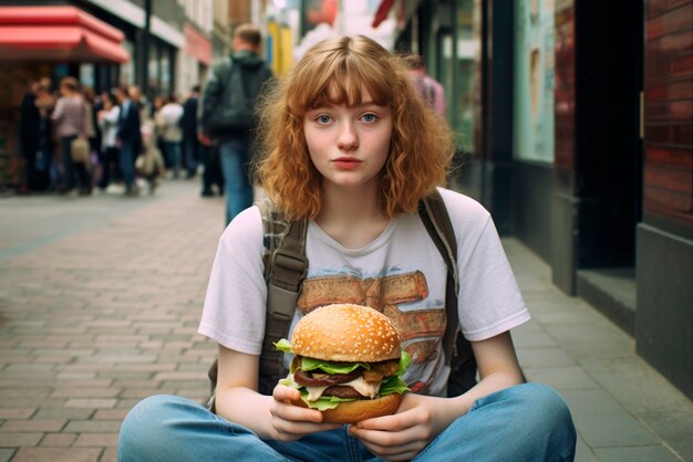 Photorealistic woman with burger meal