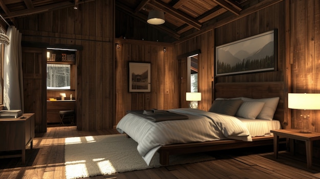 Free photo photorealistic wooden house interior with timber decor and furnishings