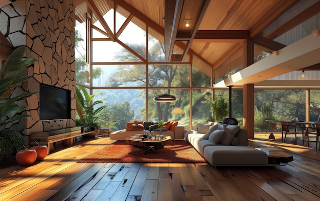 Free photo photorealistic wooden house interior with timber decor and furnishings