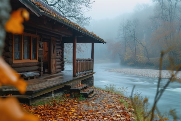 Photorealistic wooden house with timber structure