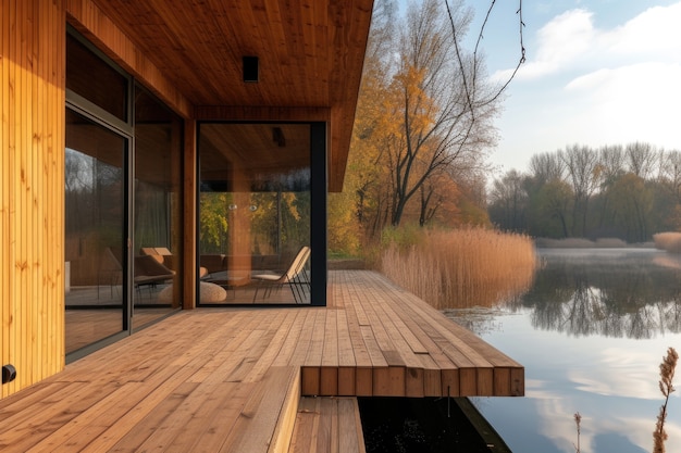 Photorealistic wooden house with timber structure