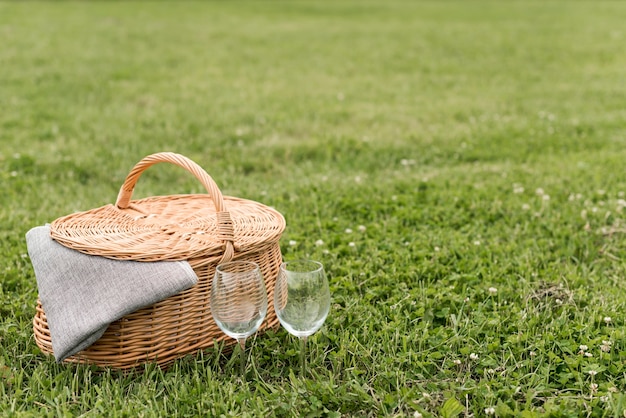 Picnic basket on park grass