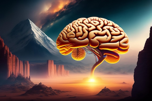 A picture of a brain with a mountain in the background.