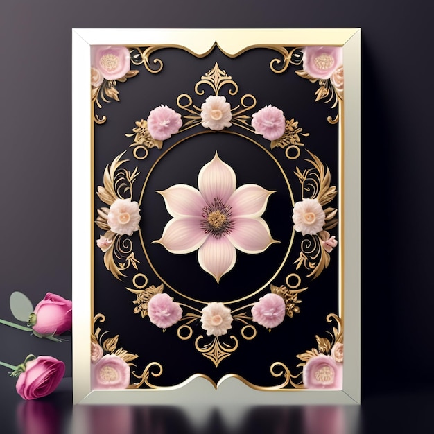 Free Photo a picture of a flower with gold trim and pink flowers.