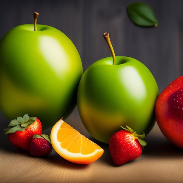 Free photo a picture of fruit with a green apple and a strawberry.