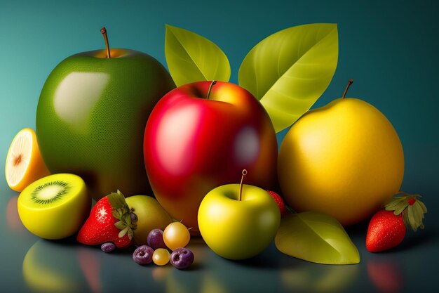 A picture of fruits and berries with a green background.