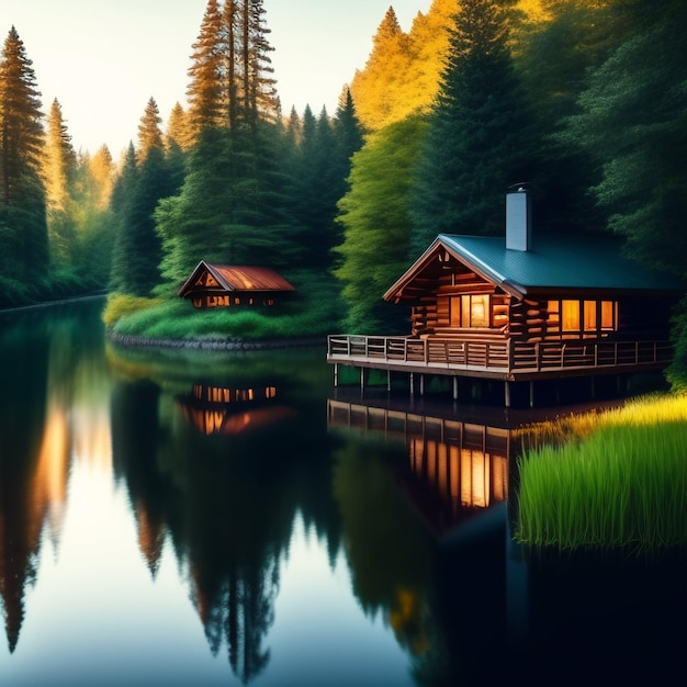 Free photo a picture of a house on a lake with a forest in the background.