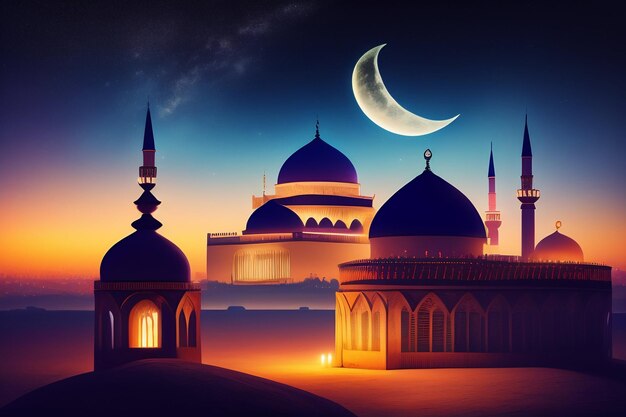 A picture of a mosque with the moon in the background