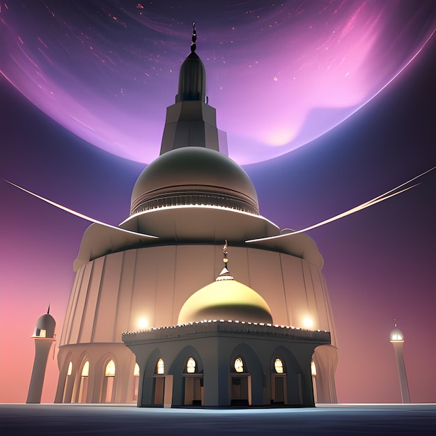 Free Photo a picture of a mosque with a purple planet in the background.