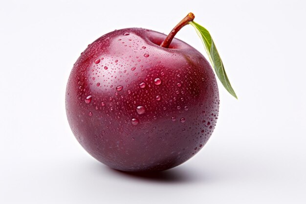 Picture of a red plum whit leaf on a white background