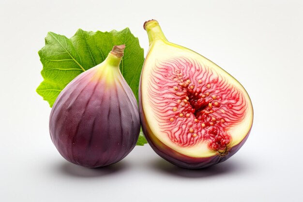 Picture of two ripe figs on a white background