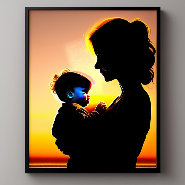 A picture of a woman holding a baby with the sun setting behind her.