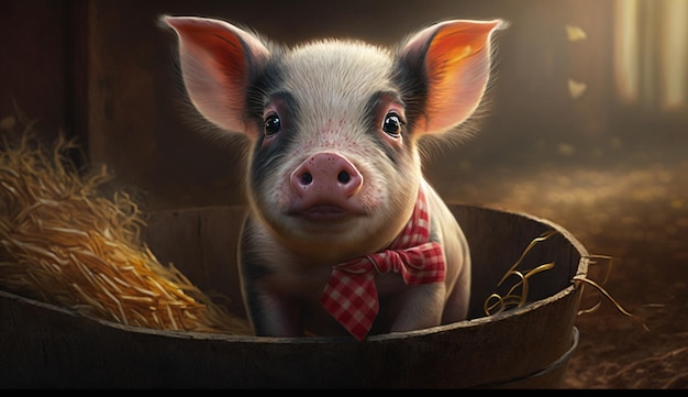 Free photo a pig in a bucket with a checkered bow tie sits in a hay bale.