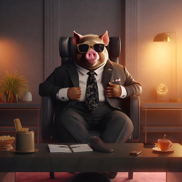 Free Photo a pig stand in two feets dressing a black suite with sunglasses in a cristal office like a boss