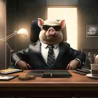 Free photo pig stand in two feets dressing a black suite with sunglasses in a cristal office like a boss