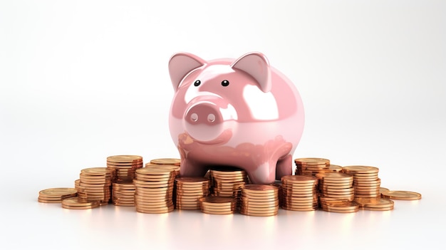 Free photo a piggy bank stands on stacked coins against a white backdrop