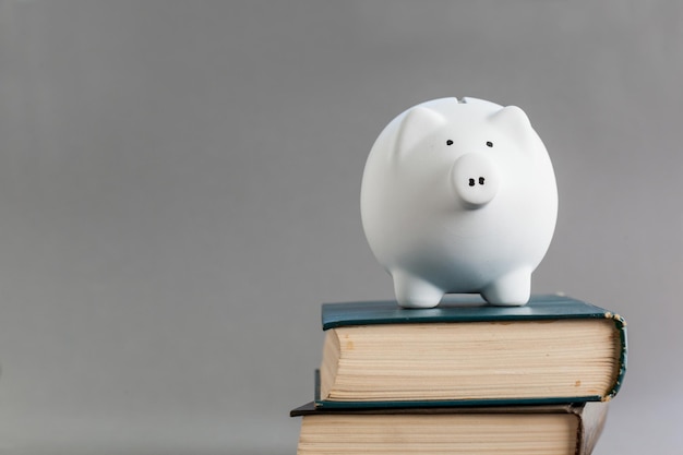 Piggy bank on top of books