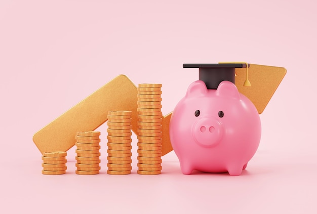 Piggy bank with Black Graduation Hat and coin arrow growing interest Saving money for education web banner background 3D illustration