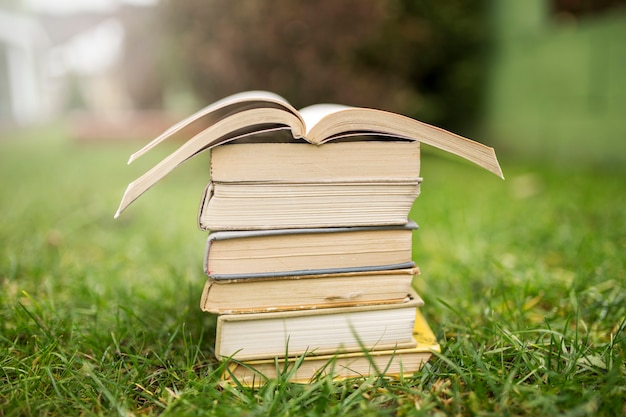 Free photo pile of books on grass