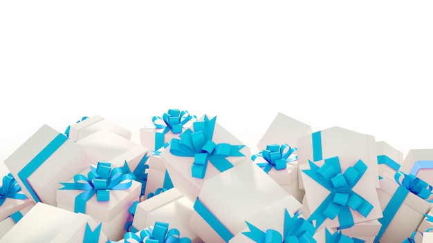 Free Photo pile of white gift boxes with blue ribbons on a white background copy space for text