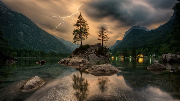 Free photo pine trees on rock formation near mountains under gray clouds