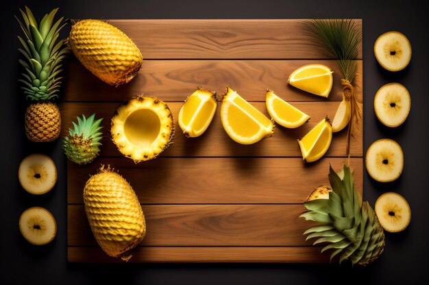 Pineapples and pineapples on a wooden table