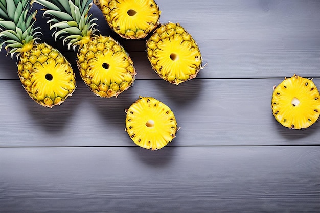 Free photo pineapples on a wooden table with a black background