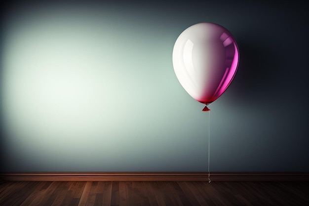 A pink balloon is hanging on a wall in a room with a blue wall