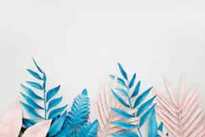 Free photo pink and blue tropical palm leaf in vibrant bold color on white background .