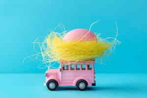 Free photo pink easter car with egg still life