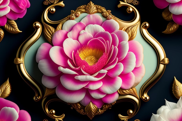 Free photo a pink flower with gold trim sits on a blue background.