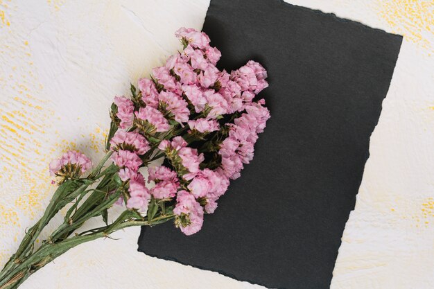 Pink flowers branches with black paper on table