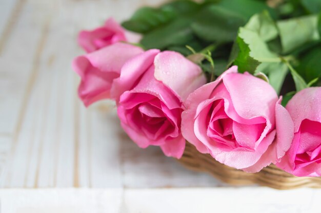 Pink fresh rose over white wooden background 