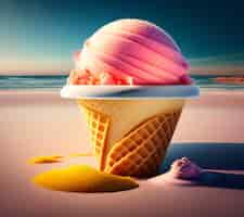 Free photo a pink ice cream cone with a yellow rim sits on a beach.