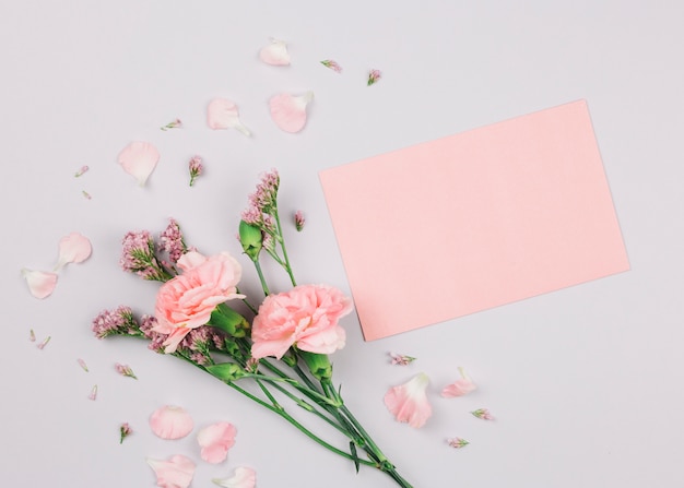 Pink limonium and carnations flower near the blank paper on white backdrop